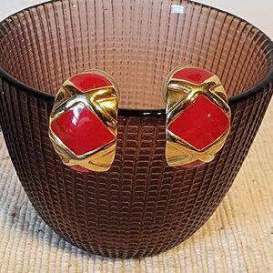 Red Enamel Goldtone Pierced Earrings